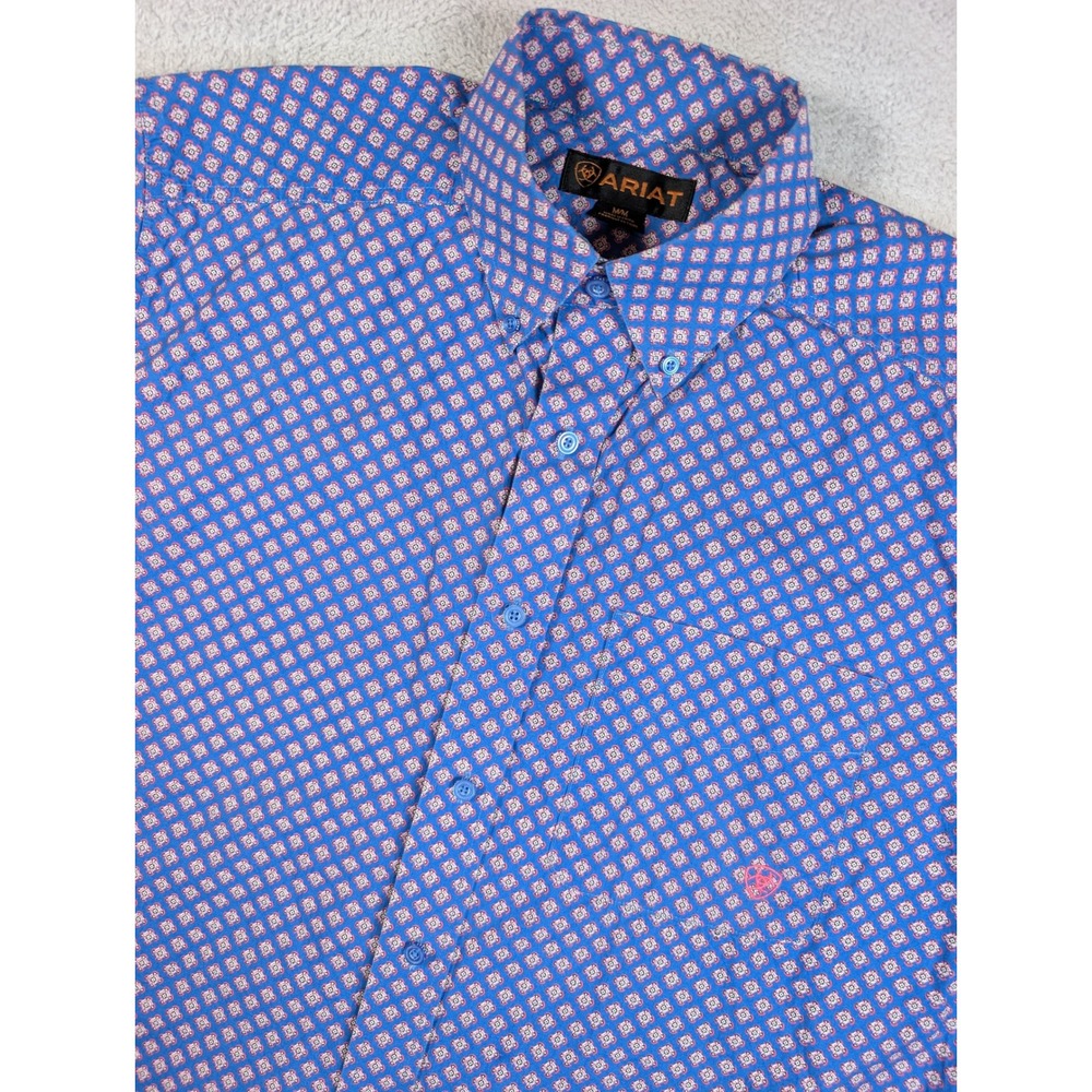 Ariat Mens Blue Pink Geometric Medallion Print Short Sleeve Button Down Shirt M